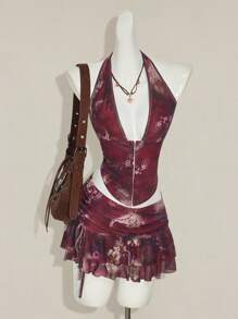 SHEIN ICON Women's Retro Floral Print Sexy Halter Neck Crop Top And Mini Skirt Set Vintage Clothes Havana Nights Outfit Feminine Clothes