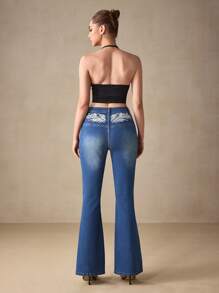 SHEIN EZwear Fashionable Embroidered Stretch Denim Flare Pants - Medium Wash - View 2