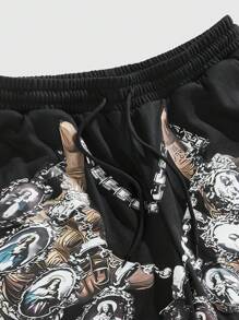 ROMWE MEN Men's Street Life Letter Graphic Drawstring Waist Pockets Cargo Shorts - Black - View 4