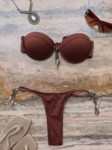 Musera Resort Áo bikini Bandeau hở vai Dreamcatcher Trim có gọng chỉ dành cho kỳ nghỉ xuân hè gợi cảm Boho Ibiza Lễ hội bơi bãi biển - Màu nâu Sô-cô-la - Xem 1