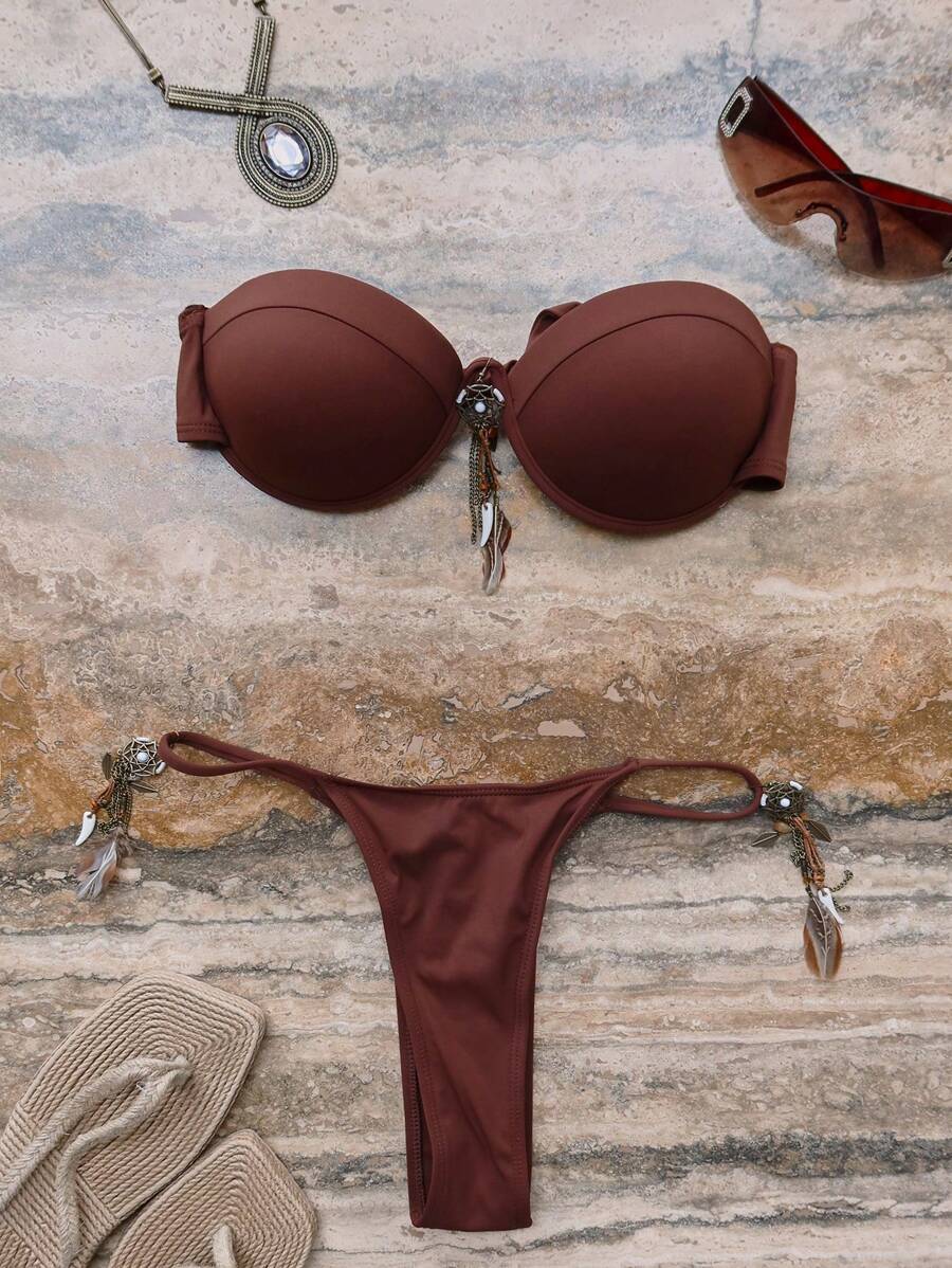 Musera Resort Áo bikini Bandeau hở vai Dreamcatcher Trim có gọng chỉ dành cho kỳ nghỉ xuân hè gợi cảm Boho Ibiza Lễ hội bơi bãi biển - Màu nâu Sô-cô-la - Xem 1