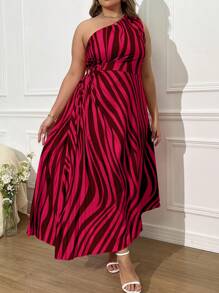 SHEIN Unity 大码不对称肩条纹印花褶皱连衣裙 - 彩色 - 查看 3