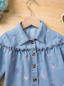 Denimly Baby Mädchen Mode Bequeme Süße Vielseitige Outdoor Herz Stickerei Verwaschen Jeans Hemd mit Elastischer Bund Hose Set - Mittele Waschung - Übersicht 7