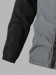 1pc Boys' Hooded Jacket With Patchwork Print, Black & Grey Combination, Versatile Design Suitable For School, Casual Outdoor Wear, Fashionable & Comfortable For All Occasions,Back To School Chic Outfits For Autumn/Winter Boys Windbreaker Jacket Fall - Black - View 5