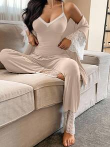 DAZY 3pcs/Set Women Contrast Color Lace Patchwork Robe, Camisole Top & Pants Sleepwear Pajama Set, Fall Winter Clothes Pajama - Apricot - View 1