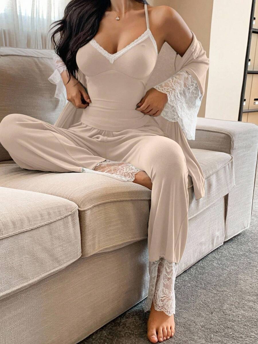 DAZY 3pcs/Set Women Contrast Color Lace Patchwork Robe, Camisole Top & Pants Sleepwear Pajama Set, Fall Winter Clothes Pajama - Apricot - View 1