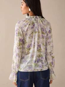 Lilora Blusa elegante de manga larga con volantes y estampado floral para vacaciones, de estilo urbano para salir - Camiseta divertida de mujer de manga larga y volantes, de estilo urbano, romántico y elegante, para salir - Púrpura malva - Ver 2