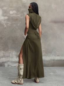 ROMWE Grunge Punk Y2K 千禧年复古末日荒原风格连帽低胸高开衩连衣裙 - 軍綠色 - 查看 2