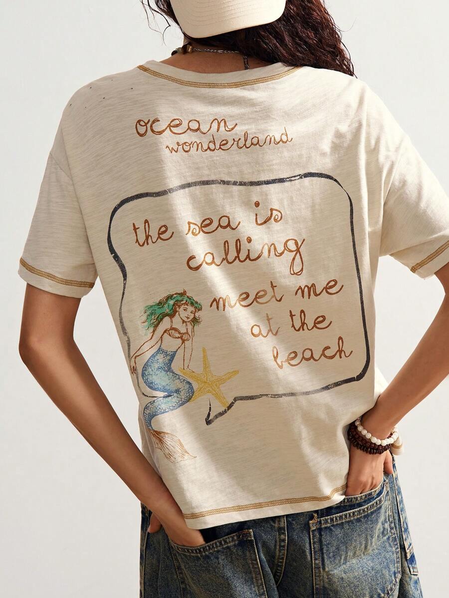 Bohemela 波西米亚风度假休闲美人鱼图案针织不对称领口女式 T 恤 - 杏色 - 查看 1