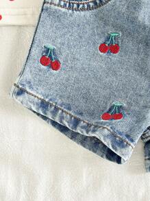 SHEIN Vintaside Kids Baby Girls Fashionable Cherry Print Strap Vest And Shorts Set, Embroidered Pattern Cherry Baby Outfit - Multicolor - View 7