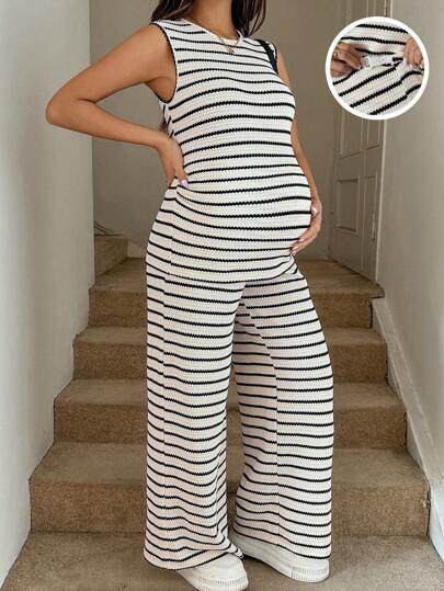 SHEIN Set de maternidad de 2 piezas: Pantalones con pierna ancha y rayas con cintura ajustable y parte superior a juego