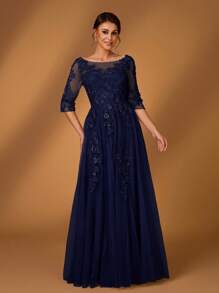 Serin 浪漫优雅圆领 3/4 袖蕾丝撞色网眼 A 字下摆奢华刺绣连衣裙，适合晚会、约会、舞会、单身派对、音乐节、婚礼、新娘母亲礼服、春夏季