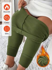 SHEIN LUNE 大码女式纯色保暖内衬打底裤 保暖内衬打底裤 冬季打底裤 保暖打底裤 保暖打底裤 舒适打底裤 保暖内衬打底裤 - 軍綠色 - 查看 1