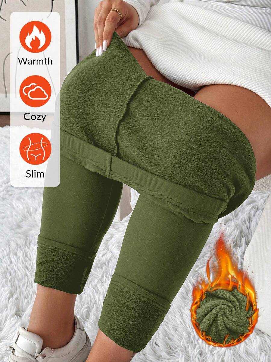 SHEIN LUNE 大码女式纯色保暖内衬打底裤 保暖内衬打底裤 冬季打底裤 保暖打底裤 保暖打底裤 舒适打底裤 保暖内衬打底裤 - 軍綠色 - 查看 1