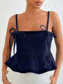 SHEIN Cottnline ملابس علوية كاميسول جينز مصبوغ بالغسيل مع ربطة للنساء، صيفي - أزرق داكن - مشاهدة 3