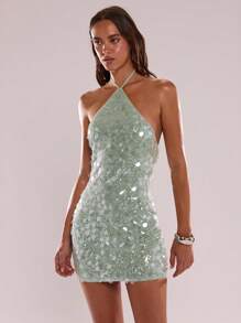 SHEIN BAE Summer And Autumn Ladies Solid Color Shiny Sequins Strapless Sexy Mini Dress, Sisters Outfit, Party Party Dress, Gorgeous Sequins,Valentine's Day,Valentine Outfits For Women