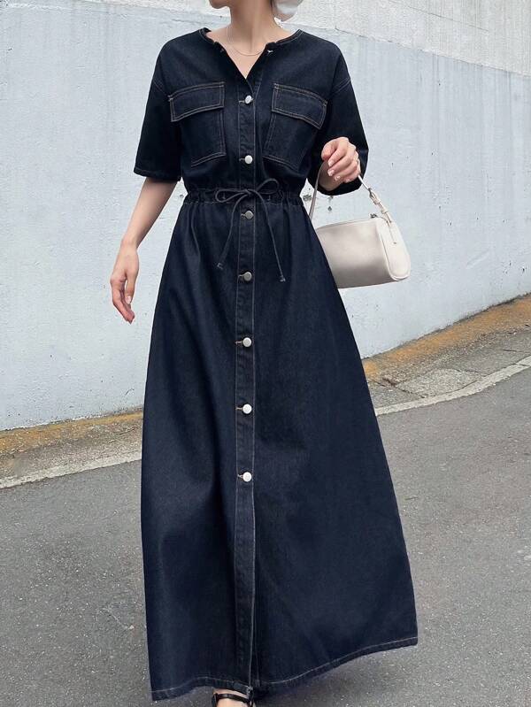 FRIFUL Women's Dark Washed Denim Short Sleeve Cinched Waist Pockets Decor Seam Long Dress, Airport Resort Style,Back To School Clothes