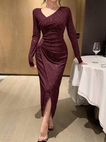 DAZY 女士中长款亮片腰部褶皱连衣裙，闪光连衣裙，长袖闪光连衣裙，酒红色闪光连衣裙，闪亮连衣裙，优雅闪光连衣裙，秋季连衣裙，奢华舞会礼服，新年女士服装，嘉年华 - 酒紅色 - 查看 6