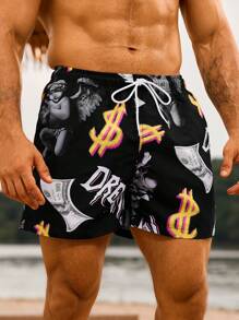 Surfspeed Men's Casual Full Print Drawstring Beach Shorts - Black - View 1