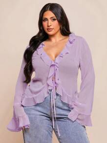 SHEIN BAE Áo cánh tay loe bèo nhún chiffon thanh lịch cỡ lớn cho nữ mùa xuân, thích hợp cho những buổi hẹn hò lãng mạn, tụ tập cùng bạn bè, hoạt động nghỉ dưỡng và trang phục thường ngày sành điệu - Màu tím hoa cà - Xem 6
