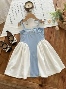 SHEIN LMoss Kids Đầm dự tiệc màu tương phản cổ điển trang trí nơ thanh lịch thời trang cho bé gái - Màu xanh lam - Xem 2