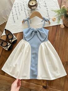 SHEIN LMoss Kids Đầm dự tiệc màu tương phản cổ điển trang trí nơ thanh lịch thời trang cho bé gái - Màu xanh lam - Xem 4