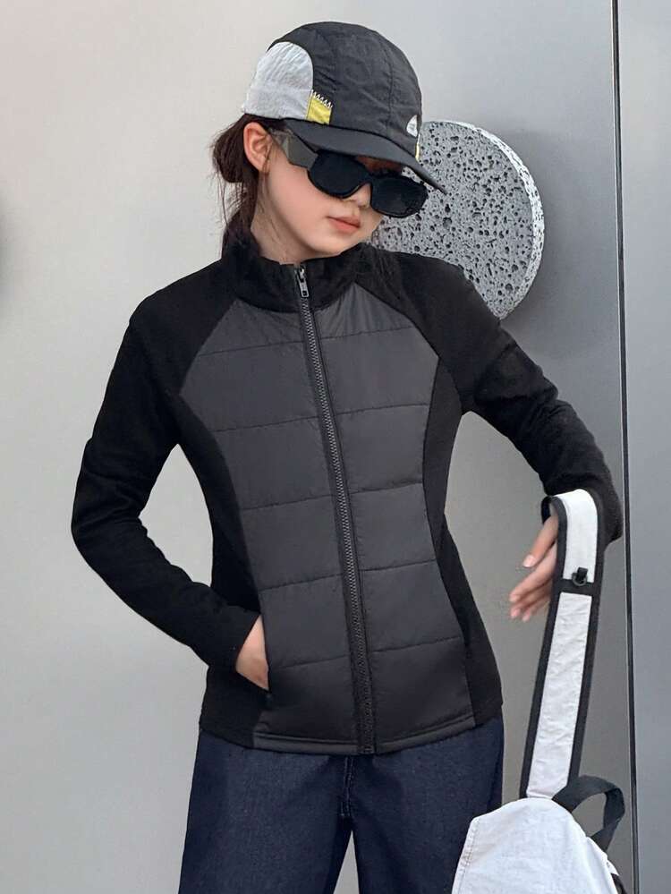 Tween Girls Fitted Casual Solid Color Patchwork Padded Coat, Winter