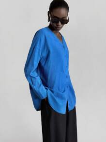 Ontre 2025 春秋女士休闲宽松落肩长袖衬衫，百搭适合办公室通勤 - 藍色 - 查看 5