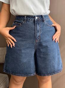 Dazy Plus Plus Size Navy Blue Washed Denim Wide Leg 5-Point Shorts With Butterfly Embroidery And Back Pocket, Spring/Summer Denim Shorts