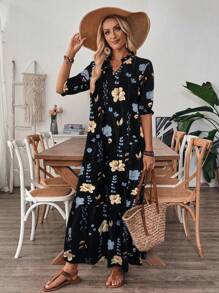 EMERY ROSE V领印花荷叶边下摆休闲假日中长连衣裙（带抽绳）