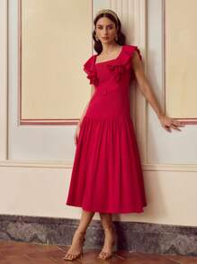 ZEYLAH Women's Elegant Solid Color Ruffle Trim High Waist Midi Dress - Pink - View 5