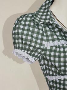 SHEIN ICON 女式泡泡袖格子纽扣休闲短袖格子印花衬衫 - 綠色 - 查看 8