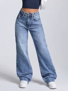 EURMUSE Pantalones vaqueros rectos de ajuste relajado y lavados, para uso casual de todos los días - Azul lavado medio - Ver 3