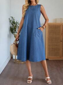 EMERY ROSE 新款女式牛仔连衣裙宽松A字裤装蓝色牛仔连衣裙秋季服装休闲外出服乡村演唱会服装 - 中等水洗藍 - 查看 4