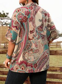 EMERY ROSE Camisa de manga de murciélago con estampado de paisley de talla grande, casual, para verano, otoño, vacaciones, días festivos, estilo bohemio, festivales de música - Albaricoque - Ver 2