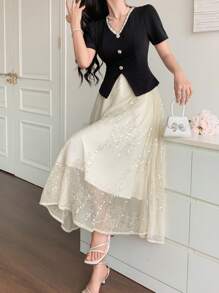 DAZY 女士夏季撞色亮片褶皱下摆短袖优雅中长连衣裙舞会礼服闪亮连衣裙 - 黑與白 - 查看 6