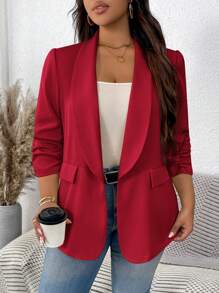 SHEIN LUNE Áo khoác blazer nữ màu trơn cổ tròn tay nhún thường ngày cỡ lớn Áo khoác blazer nữ màu đỏ Áo khoác blazer nữ màu đỏ Áo khoác vest màu đỏ cho mùa thu/đông - Đỏ - Xem 6
