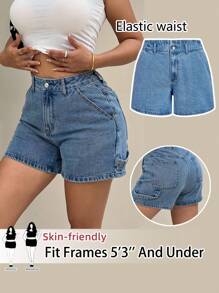 SHEIN PETITE CURVE Quần short denim xanh cỡ lớn cho nữ mùa hè, kỳ nghỉ, câu lạc bộ ngày 4 tháng 7, văn phòng, hòa nhạc đồng quê, quần short cạp cao phong cách Grunge - Màu xanh lam - Xem 1