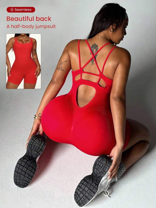 SHEIN Sport Studio Damen Große Größen nahtloser roter Rückenausschnitt Jumpsuit
