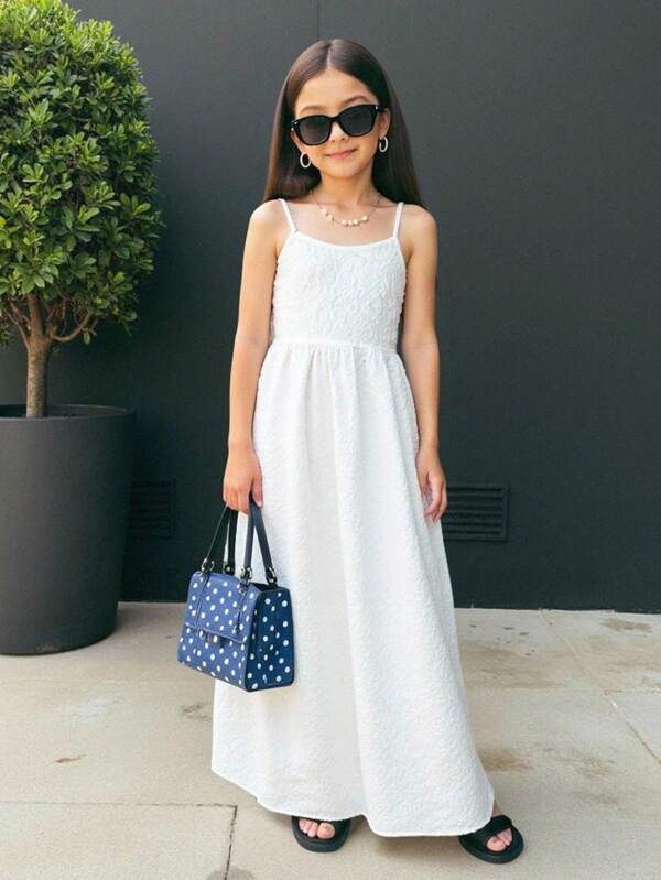SHEIN Tween Girls White Textured Floral Sleeveless Maxi Dress, Elegant Little White Dress Suitable For Ceremonies, Parties, Outings, Any Occasion White Maxi Dress For Girls