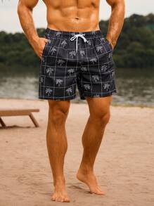Manfinity Swimmode Men's Palm Tree Print Drawstring Waist Beach Shorts - Black - View 7