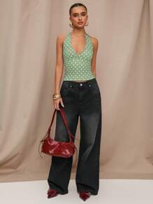 SHEIN BAE 夏季黑色波点印花休闲露背衬衫，适合早午餐、郊游、约会、通勤、休闲、伊比沙岛 - 薄荷綠 - 查看 5