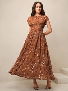 Anewsta 夏季新款复古海滩派对3D刺绣串珠亮片无袖圆领女式连衣裙 - 棕色 - 查看 2