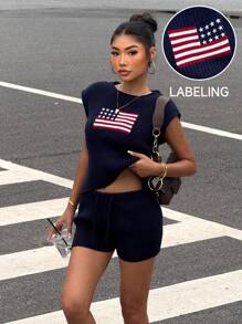 Muchica 4th Of July Women's New Sleeveless Flag Print Knit Top And Leggings Set For Independence Day - Navy Blue - View 6