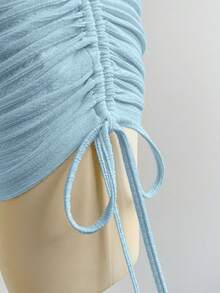 Soleia Bộ trang phục hai mảnh hở lưng cổ chữ V kết cấu mùa xuân/hè và váy ngắn xếp nếp, gợi cảm cho phụ nữ dự tiệc/hẹn hò/mùa hè, phù hợp cho kỳ nghỉ, lễ hội âm nhạc, phong cách Bohemian - Màu xanh nhạt - Xem 7