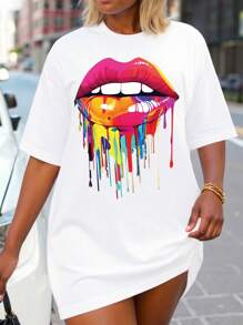 Calvaya Plus Size Loose Fit Lips Printed Short Sleeve T-Shirt For Summer Casual Wear Graphic Tees Women Tops - White - View 1