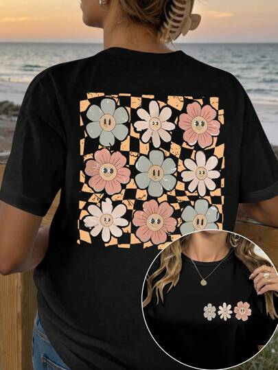 Calvaya 大码女式休闲短袖花卉印花 T 恤，夏季图案 T 恤女式上衣