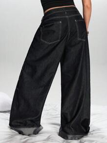 ROMWE Street Life Women's Vintage Street Style Ultra Low Waist Loose Wide-Leg Flared Jeans - Blue - View 3