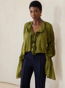Aveloria Modichic Olive Green Blouse With V-Neck, Ruffle Trim And Lotus Sleeve Cuffs, Elegant Artistic Style & Art Casual For Autumn Walks And Cafe Chats Fall Cloth For Women - Multicolor - View 3