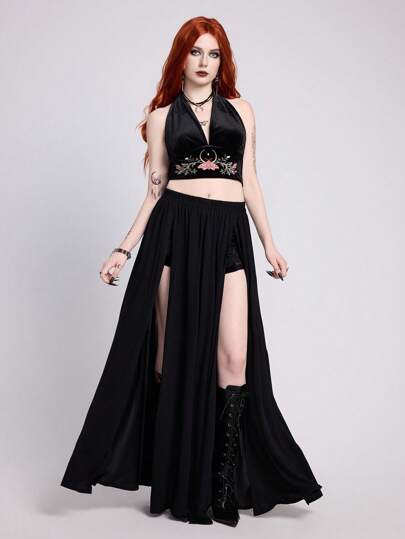 EDITION قميص أكتاف صبار مطرز بنقش الهالل والأزهار والفراشات بطابع بوهيمي و كوثيك، بظهر مفتوح